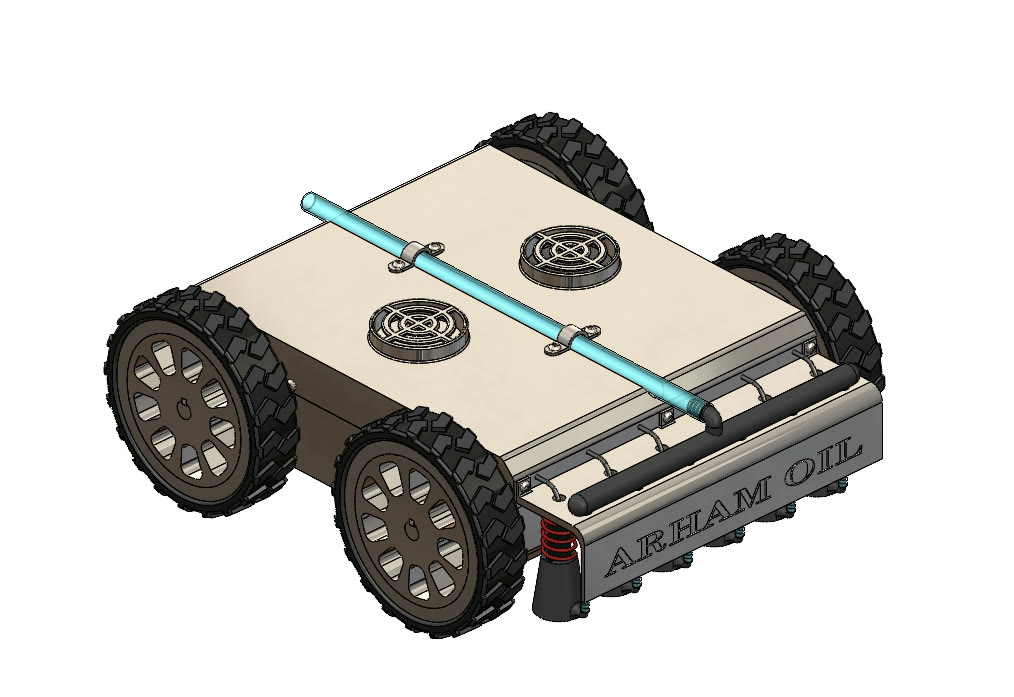 CAD view of the Tank Shell Inspection Robot: a four-wheeled chassis with magnetic wheels and a front bar of six ultrasonic probe assemblies.